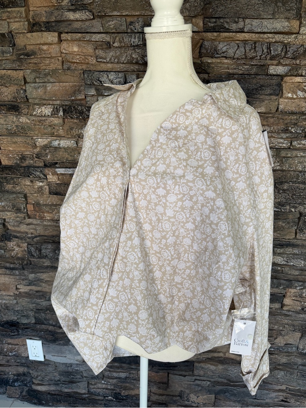 croft & barrow Beige and White Floral Button-Down Shirt